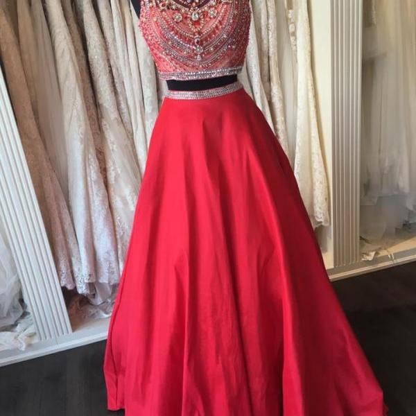 Red Taffeta Beaded Top 2 Pieces Prom Dress,shinny Two Pieces Formal ...
