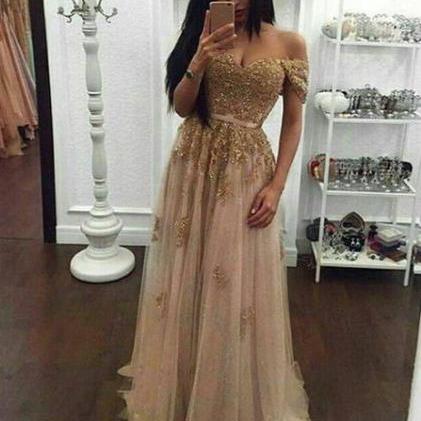 Nude tulle gold lace appliqued off shoulder prom dresses,Long Prom Dresses,Pageant Dresses,2321