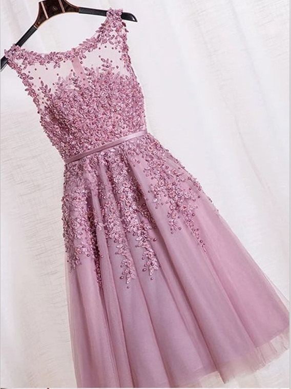 A line Illusion Neckline Dress with Appliqued Candy Pink