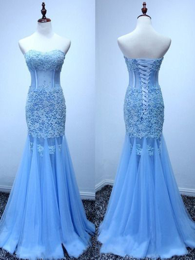 Navy Blue Tulle Mermaid Lace Appliques Prom Dresses, Long Formal Dress, PL520