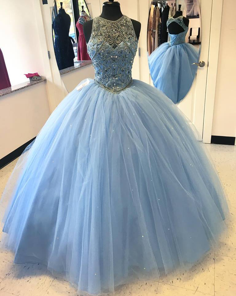 Ball Gown Sky Blue Tulle Beaded Prom Dressesopen Back Quinceanera